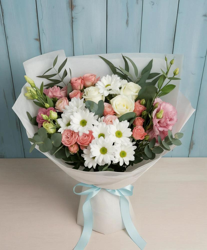 Букет цветов из: Розы, Лизиантусы и Хризантемы в Анджиевский