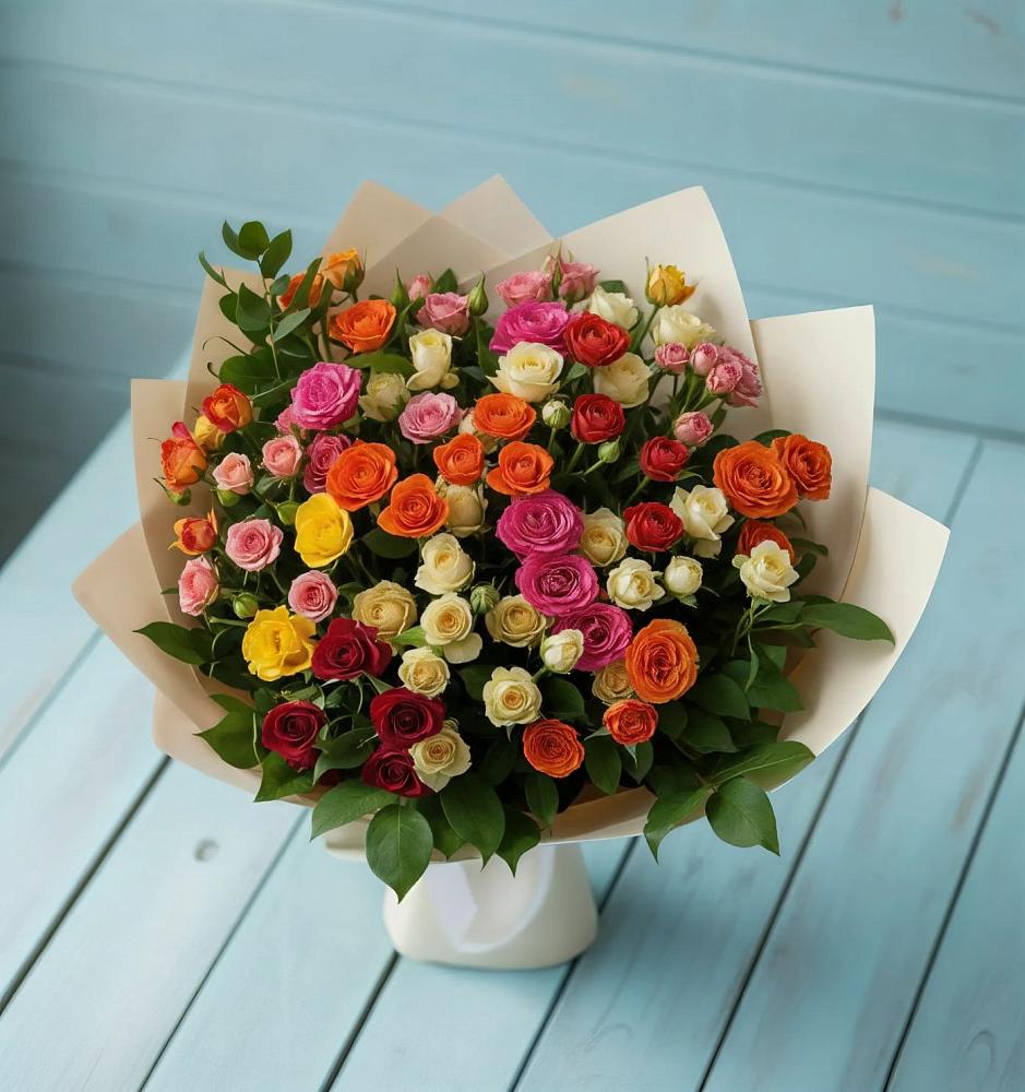 Букет Микс из разноцветных кустовых роз в Анджиевский
