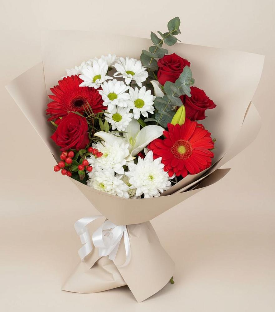 Букет цветов из: Розы, Хризантемы, Герберы и Лилии в Анджиевский