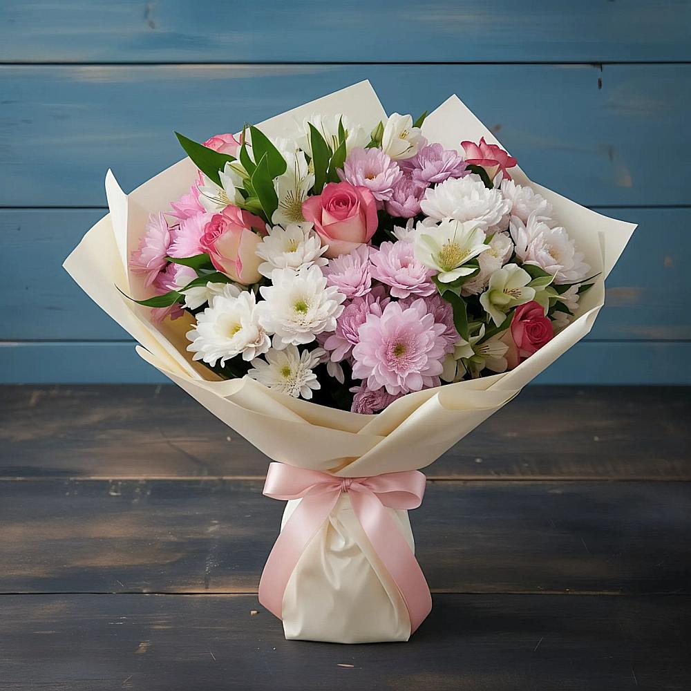 Букет цветов из: Хризантемы, Альстромерии и Розы в Анджиевский